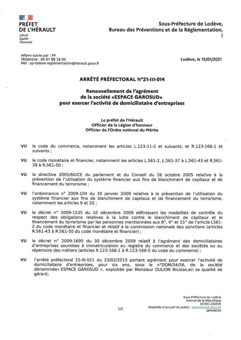 Arrêté préfectoral DOM/34/2021/056 page 1 — Agrément domiciliataire Garosud Montpellier